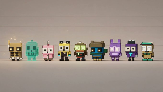 A lineup of nine colorful pixel-art style blocky characters in various designs including robot, unicorn, and animal themes.