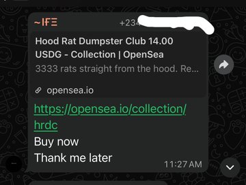 A screenshot of an iMessage chat showing a link preview for 'Hood Rat Dumpster Club 14.00' on OpenSea with 3333 rats, timestamped 11:27 AM.