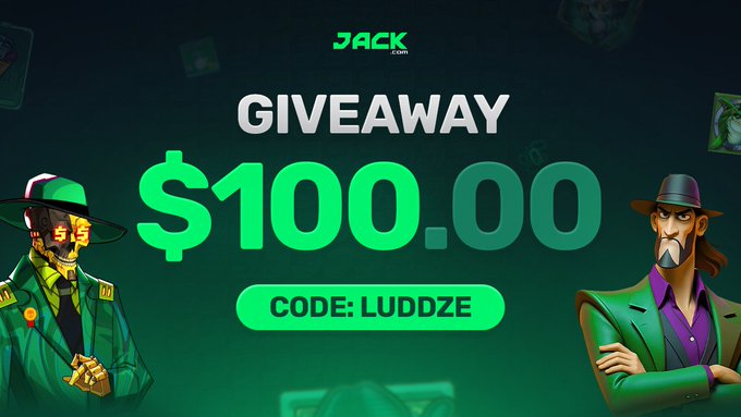 A promotional graphic for Jack.com announces a "$100.00 GIVEAWAY" using the code "LUDDZE," featuring two illustrated characters in green attire flanking the bold text. The design supports the accompanying post, which details that the giveaway will be split among 4 winners at $25 each and promotes a separate $3,000 bi-weekly leaderboard.
