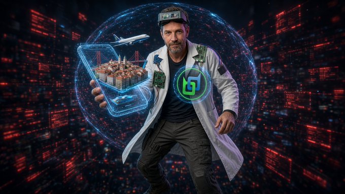 A man in a white lab coat with circuit board patches stands before a digital red code backdrop, holding a holographic display of a container ship, cargo port, and airplane, with a green logo featuring a stylized 'b' or '6' nearby.