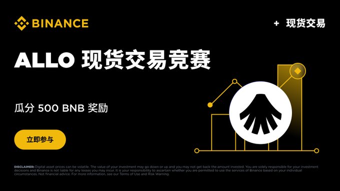 A Binance promotional banner announcing an "ALLO 现货交易竞赛" (ALLO Spot Trading Competition), offering participants a chance to share in a 500 BNB prize pool, featuring a stylized chart graphic and a yellow "立即参与" (Join Now) button, which corresponds directly to the accompanying post inviting users to trade ALLO/USDT and other pairs for token vouchers and bonus rewards.