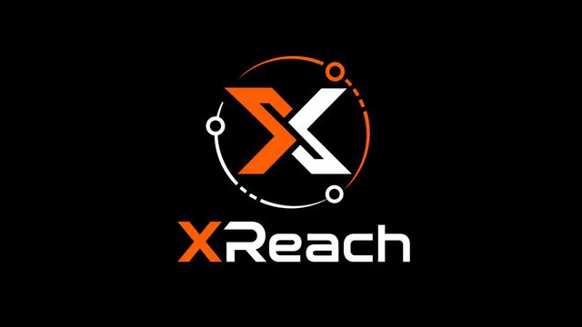 A black-background logo featuring an orange and white stylized 'X' design encircled by orange lines and dots, with the text 'XReach' below.