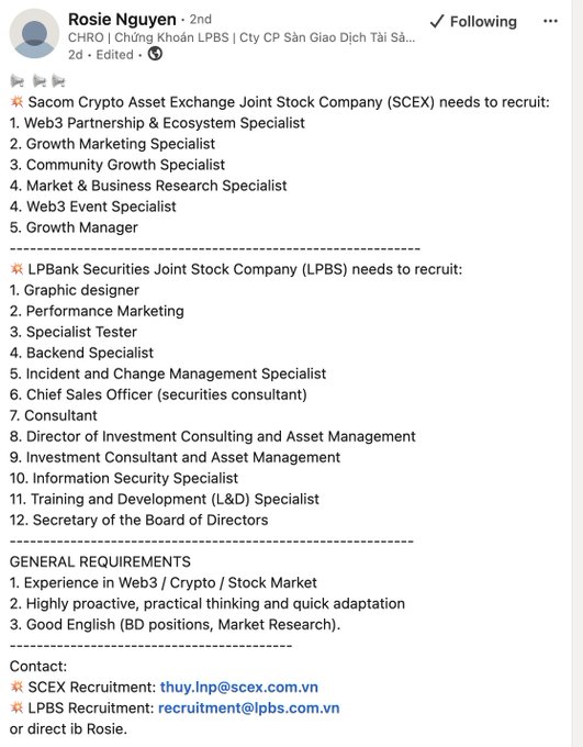 The main focus of this image is a screenshot from a Facebook page displaying a list of job descriptions for various positions within companies such as Sacom Crypto Asset Exchange, or SCEX, which are seeking experienced web developers, marketing specialists, finance managers, and growth managers. The post also highlights that the candidates should have a good understanding of cryptocurrencies and blockchain technology to be considered for these job opportunities.