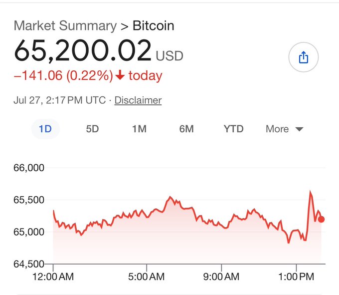 Google Finance market summary for Bitcoin showing a price of $65,200.02 USD, down $141.06 (0.22%) today as of Jul 27, 2:17 PM UTC, with a 1D price chart ranging between $65,000 and $66,000.