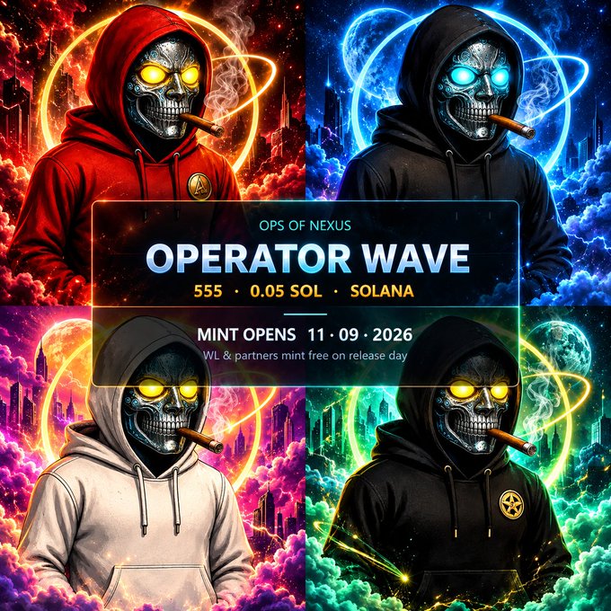 Promotional poster for 'OPERATOR WAVE' NFT collection titled 'OPS OF NEXUS', featuring four hooded skeletal figures with glowing eyes and cigars in red, blue, purple, and green color schemes, advertising 555 mints at 0.05 SOL on Solana with mint opening on 11.09.2026.