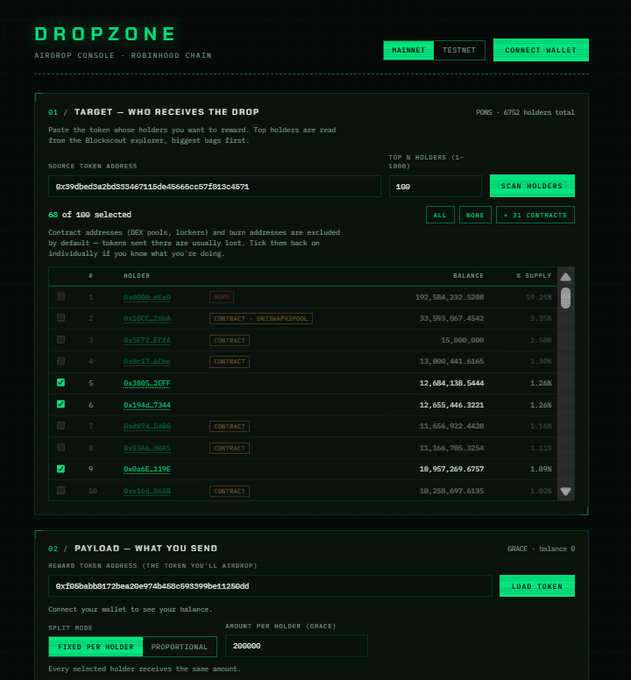 A screenshot of the 'DROPZONE AIRDROP CONSOLE - ROBINHOOD CHAIN' interface showing target holder selection (60 of 100 selected) with balances and supply percentages, and a payload section for sending tokens to GRACE addresses.