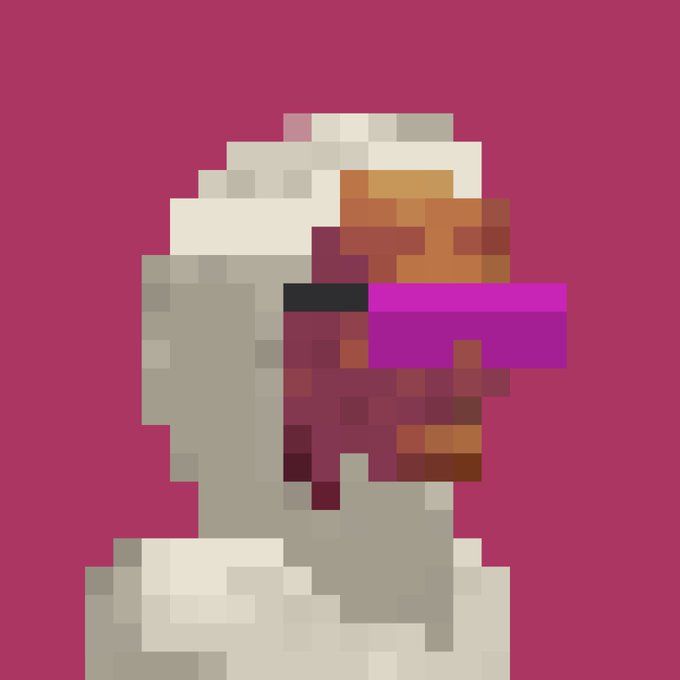 A low-resolution pixel art portrait on a magenta background depicts a grey stone-like bust with a face composed of orange, brown, and magenta blocky pixelation.
