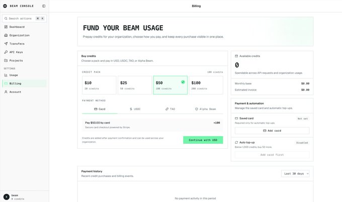 A Beam Console billing page showing options to buy credits ($10, $25, $50, or $100), with $50 credits selected, and a 'Pay $50.00 by card' payment method option.