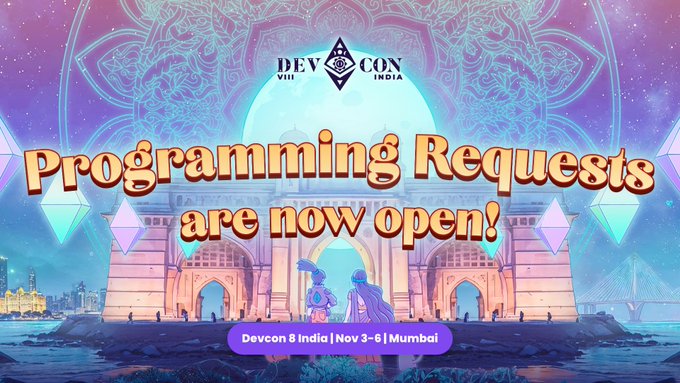 The image features a poster for Devcon India that includes a cartoon of a building with a dome and a city skyline, along with text promoting programming requests being live. The poster also mentions that there are talks scheduled at the main stage related to Ethereum's open source principles.