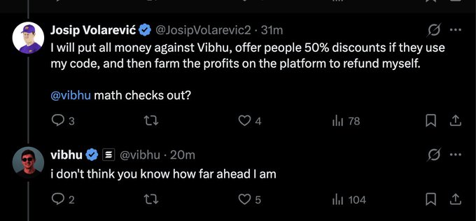 A screenshot of an X (Twitter) exchange between Josip Volarevic (@JosipVolarevicz) and vibhu (@vibhu), where Josip proposes a 50% discount promo strategy against Vibhu, and Vibhu replies, 'i don't think you know how far ahead I am'.