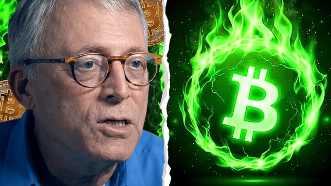 Composite image showing Peter Schiff alongside a green flaming Bitcoin logo.