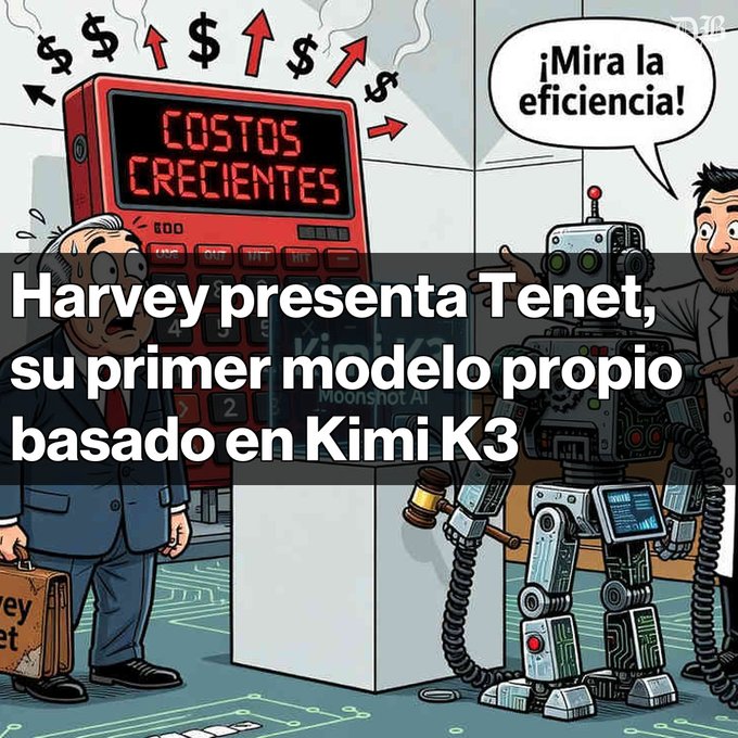 A cartoon illustration showing a sweating businessman next to a machine labeled 'COSTOS CRECIENTES' (rising costs), with a man pointing at a robot saying '¡Mira la eficiencia!' (Look at the efficiency!), overlaid with Spanish text: 'Harvey presenta Tenet, su primer modelo propio basado en Kimi K3'.