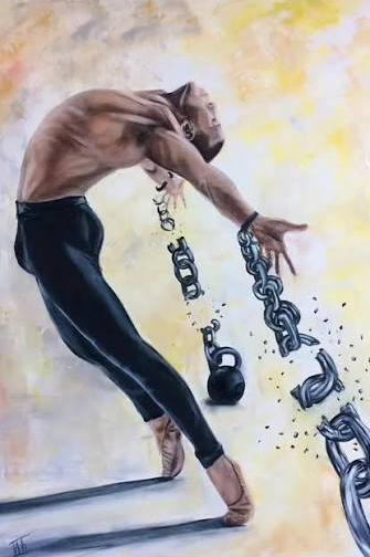 A shirtless, muscular figure wearing black pants and ballet pointe shoes leans forward, breaking free from chains and a ball-and-shackle restraint, symbolizing liberation through financial gain, tying into the post's celebration of earning rent money from Pumpfun callout rewards.