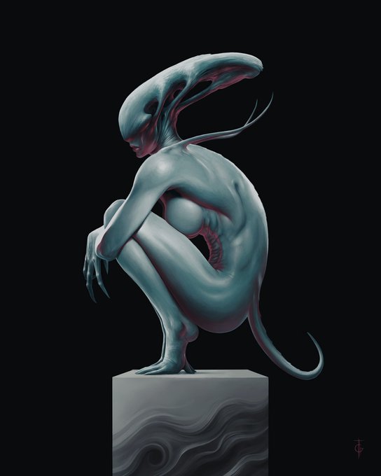 The image features a digital artwork of a statue of a woman sitting on top of a pedestal, with her legs crossed. The statue appears to be made out of stone or metal, giving it an artistic touch. The art style seems to be inspired by anime and manga, as indicated by the presence of a character resembling a monster in the background. The image also includes text that reads "The First Mother" and "Manifold".