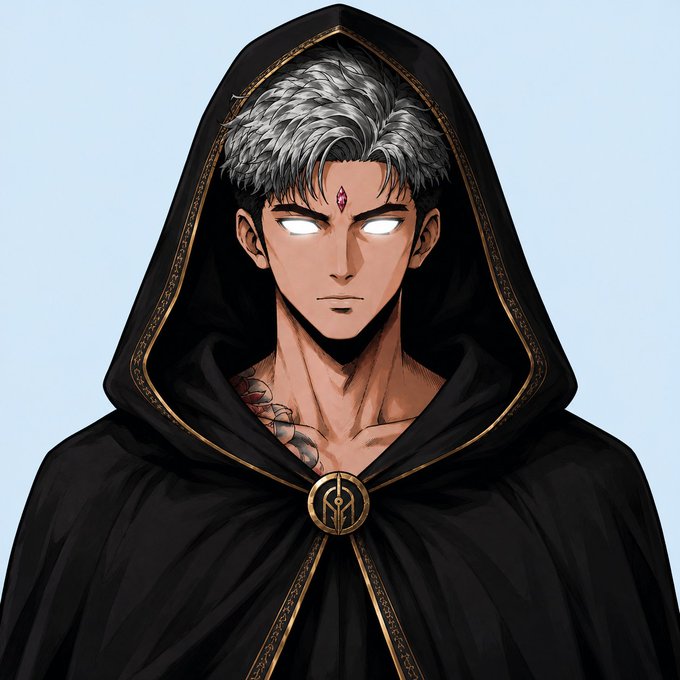 An anime-style illustration of a mysterious figure with glowing white eyes, silver hair, and a third eye mark on his forehead, wearing a black hooded cloak with gold trim and a circular clasp.