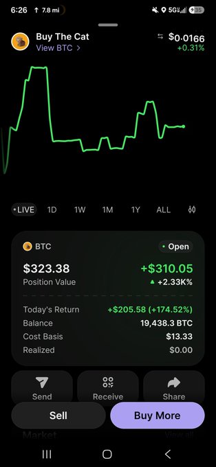 A smartphone screen displaying a crypto portfolio app showing a "BTC" position with a balance of 19,438.3 BTC and a position value of $323.38, alongside a price chart.
