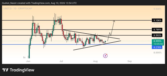 A TradingView chart of USDT.D (USDT Dominance) at 9.106% with a symmetrical triangle pattern forming on the daily timeframe, showing key resistance levels at 8.789% and 8.593% and support holding above 8.278%, reflecting the post's observation that USDT.D is sustaining its support and a potential breakout could negatively impact the broader crypto market including BTC and ETH.