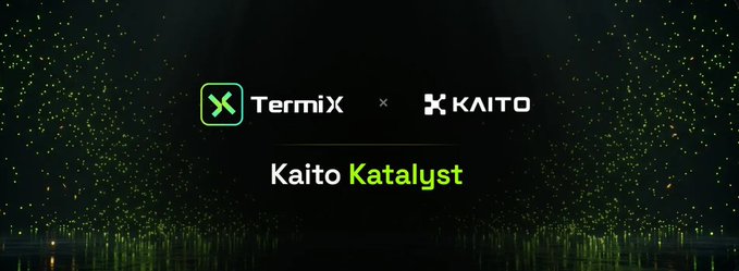 Promotional banner on a dark background with green sparkles announcing 'TermiX × KAITO' and 'Kaito Katalyst.'