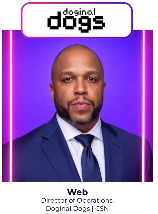 A professional headshot of Web, Director of Operations at Doginal Dogs | CSN, featuring him in a blue suit and tie against a purple neon-framed background with the "Doginal Dogs" logo displayed at the top.
