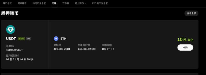 A cryptocurrency staking interface in Chinese for pledging USDT tokens on what appears to be a BTC ecosystem earn product, showing a 10% annualized yield and 400,000 USDT total rewards.
