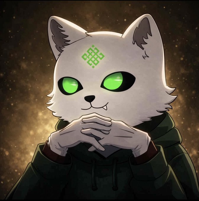 A digital illustration of a white anthropomorphic cat with bright green eyes, a green rune-like symbol on its forehead, and small fangs, wearing a dark hoodie and resting its paws together in a contemplative pose.