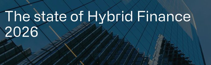 The image is a banner featuring the text "The state of Hybrid Finance 2026" overlaid on a dark, reflective glass building facade. It serves as a title card for the accompanying post reviewing the 2026 Hybrid Finance report by CoinShares and Token Terminal on RWA tokenization trends.