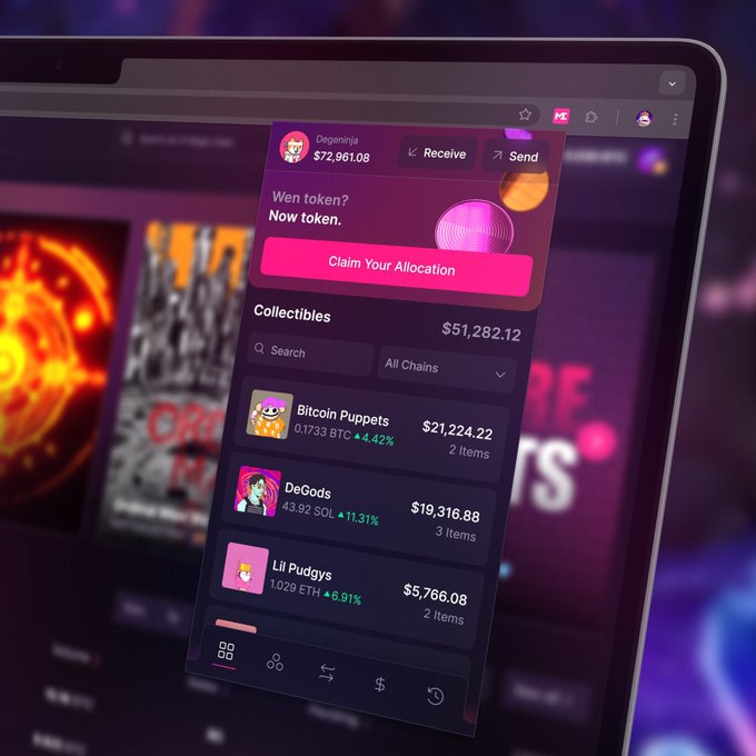 Screenshot of a crypto wallet interface showing a user profile 'Degeninja' with a balance of $72,961.08 and a collectibles section listing Bitcoin Puppets, DeGods, and Lil Pudgys with their respective values.