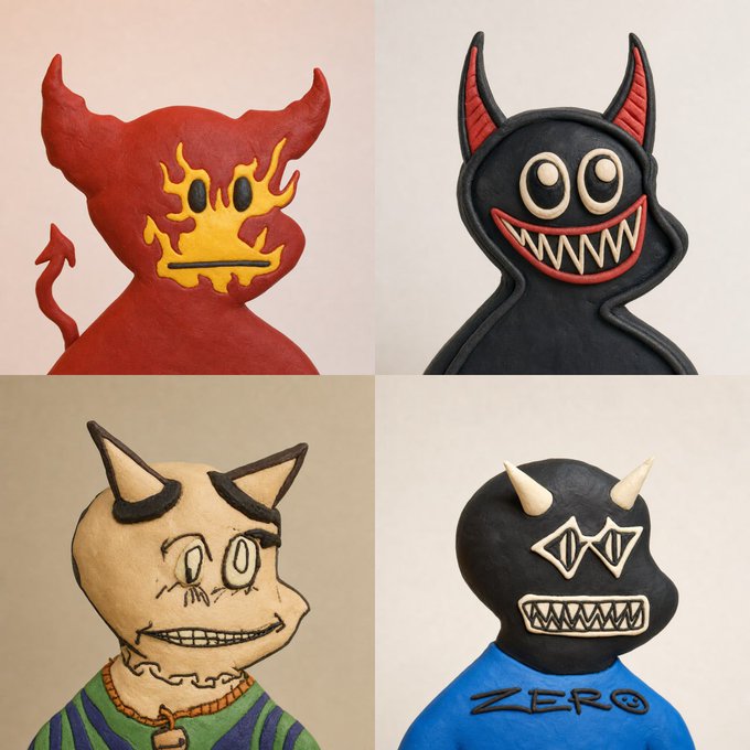A collage of four handmade clay figurines depicting various demon-like characters, including one in a blue shirt labeled "ZERO" and a red devil figure with yellow flame patterns on its face.