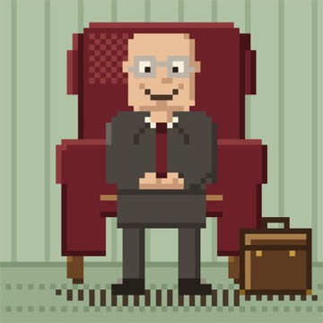 Pixel art style image showing a man in a dark suit and red tie sitting in a red armchair, with a briefcase on the floor beside him and a patterned green wall in the background.