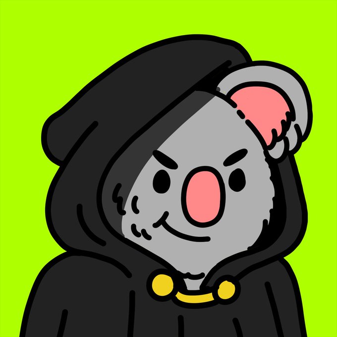 A simple cartoon drawing of a gray koala character wearing a black hooded cloak with yellow clasps, smiling against a bright green background.
