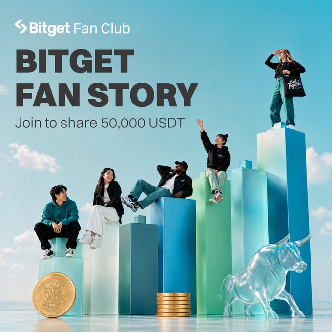 A promotional banner for 'Bitget Fan Club' titled 'BITGET FAN STORY' inviting users to 'Join to share 50,000 USDT', featuring five people sitting on ascending green bars alongside a glass bull statue and Bitcoin coins.