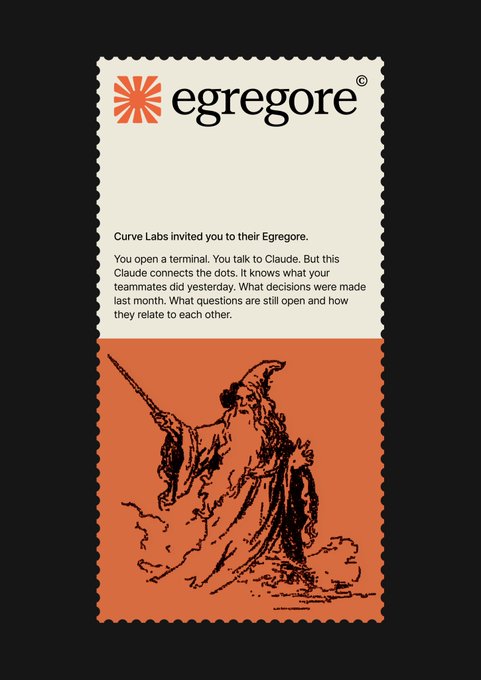 A vertical promotional graphic for 'egregore' by Curve Labs, featuring a vintage-style illustration of a wizard and descriptive text explaining an interactive Claude AI terminal.