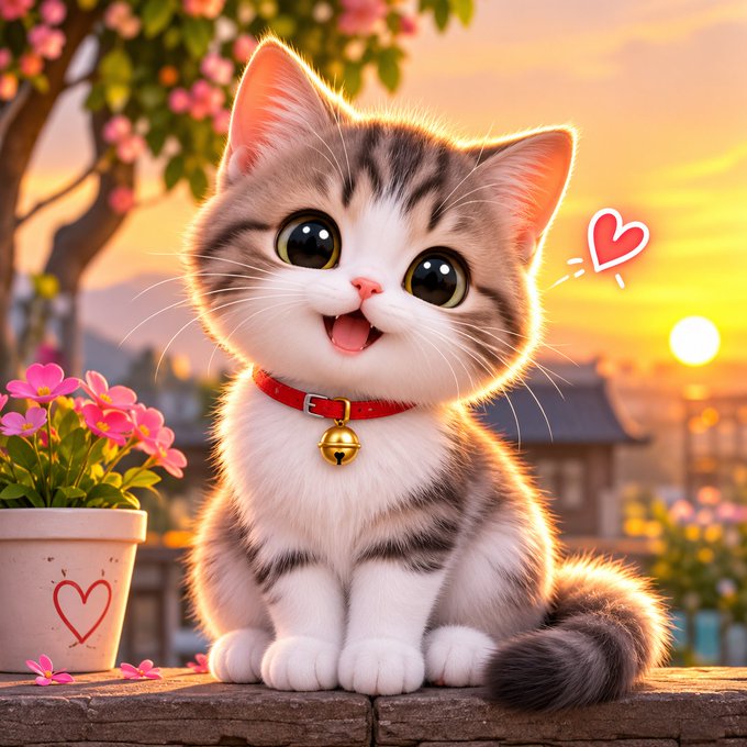 An adorable cartoon kitten with big eyes wearing a red collar with a golden bell, sitting next to a potted plant with a heart drawing during a golden sunset.