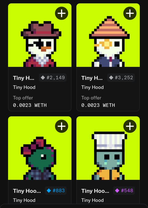 A screenshot of a digital marketplace displaying four pixel art characters from the 'Tiny Hood' NFT collection, each listed with a top offer of 0.0023 WETH.