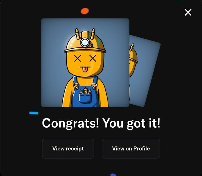 A cheerful pop-up notification featuring a cartoon miner character (wearing a yellow hard hat with a headlamp and overalls, with "X" eyes and a tongue out) celebrates a successful mint, displaying the message "Congrats! You got it!" alongside buttons to "View receipt" and "View on Profile." The image relates to the post confirming the successful minting of 2 @TheChillBugs NFTs for 0.003 ETH total, as indicated by the small red dot marker at the top.