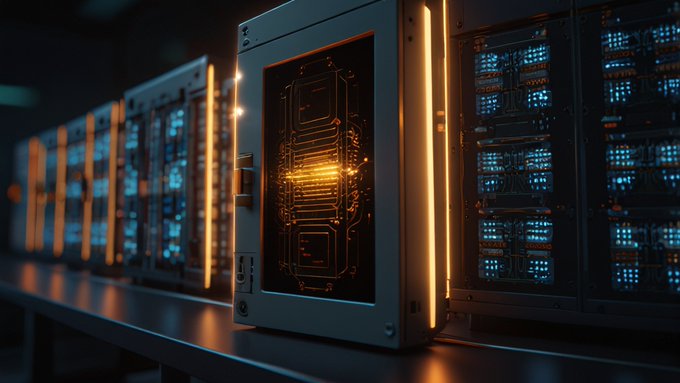 Stylized render of a futuristic data center or server farm featuring glowing orange and blue LED-lit hardware racks with a central circuit-board panel.