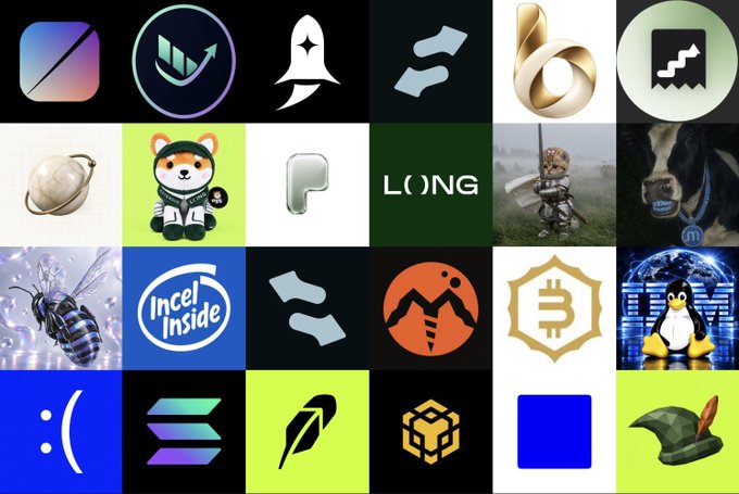 A 4x6 grid collage of various app icons and logos, including brands like Intel Inside, Long, Twitch, and others, featuring diverse designs ranging from animals and characters to abstract symbols.