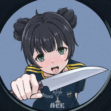 An anime-style illustration of a dark-haired girl with twin buns holding a large knife towards the viewer, wearing a dark shirt with 'SQUAD' and 'ACE' text.
