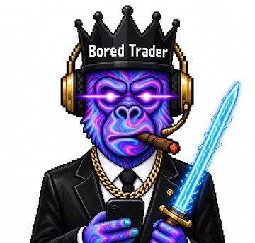 Digital illustration of a purple/blue gorilla wearing a black crown labeled 'Bored Trader', gold headphones, holding a glowing blue sword and a phone, with a cigar in its mouth.