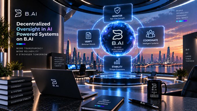 A futuristic promotional graphic for 'B.AI' featuring the headline 'Decentralized Oversight in AI Powered Systems on B.AI' with icons representing Monitor, Coordinate, Stability, and Verify functions in a high-tech setting.