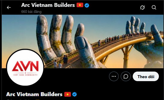 A Facebook page for 'Arc Vietnam Builders' featuring cover art of the Golden Bridge held by giant stone hands in Da Nang, Vietnam.