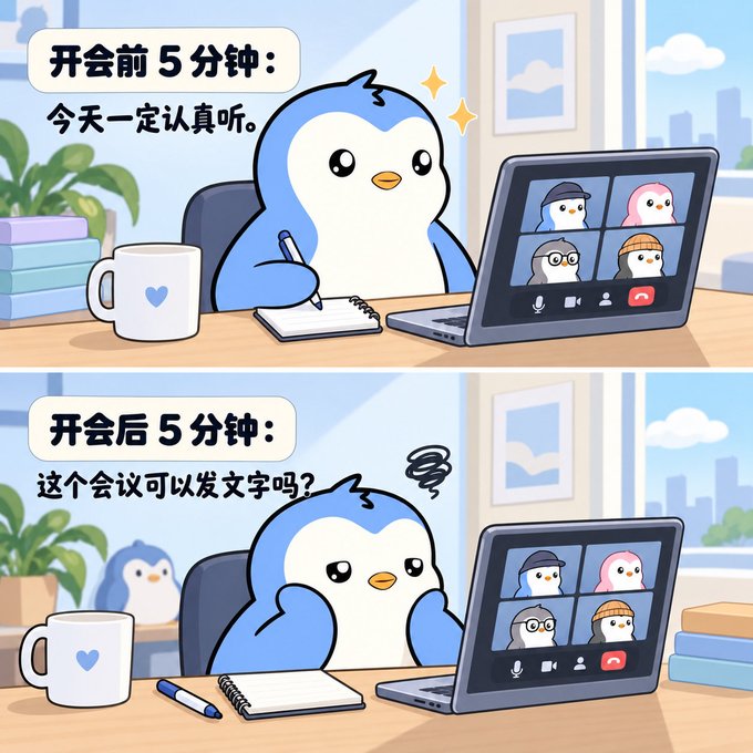 A two-panel cartoon meme featuring a penguin attending an online meeting; the top panel says '开会前5分钟: 今天一定认真听' (5 minutes before the meeting: I will definitely listen carefully today), and the bottom panel says '开会后5分钟: 这个会议可以发文字吗?' (5 minutes after the meeting: Can we send text in this meeting?).