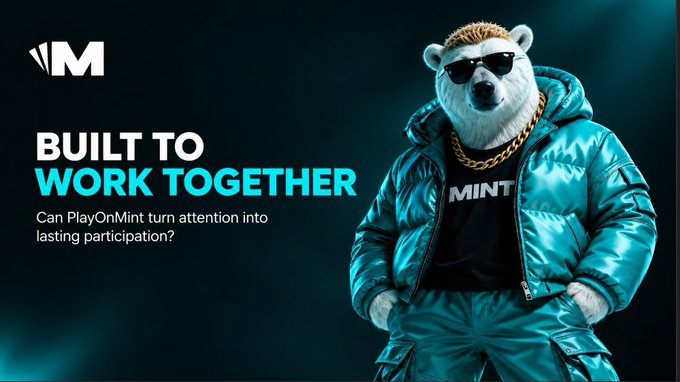 Promotional graphic featuring a polar bear mascot wearing sunglasses, a gold chain, and a teal puffer jacket with a 'MINT' shirt, accompanied by the text 'BUILT TO WORK TOGETHER' and 'Can PlayOnMint turn attention into lasting participation?'