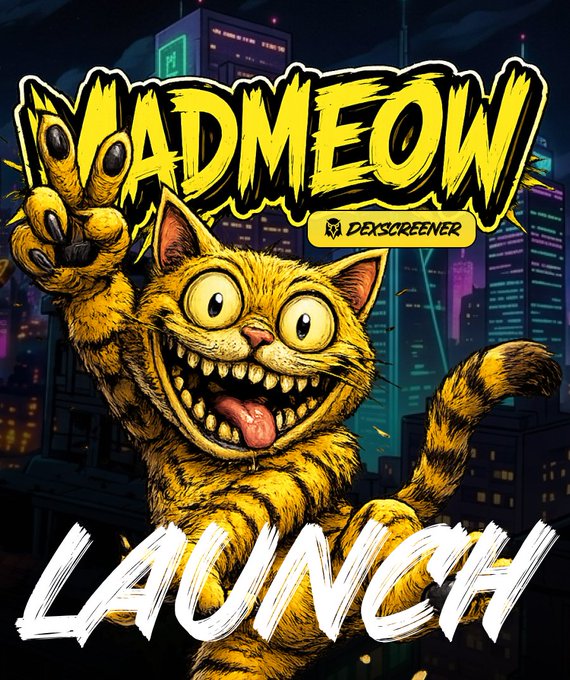 A wild, grinning cartoon cat flashes a peace sign against a neon-lit cityscape backdrop, with the text "MADMEOW LAUNCH" and the Dexscreener logo prominently displayed to promote the meme coin's launch on the Solana network via the linked Dexscreener page.