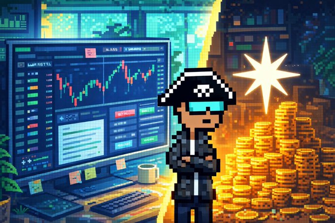 A pixel art character in a black hoodie and VR goggles stands between a computer monitor displaying trading charts and stacks of gold coins beneath a star.