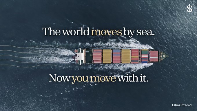 An aerial view of a container ship sailing on the ocean with the text 'The world moves by sea. Now you move with it.' and 'Edna Protocol' in the corner.