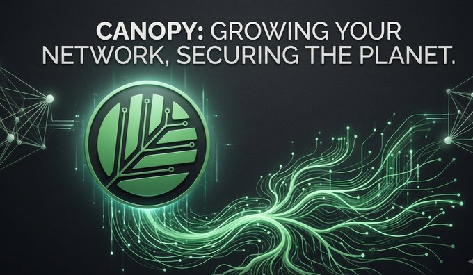 A green-themed banner reading 'CANOPY: GROWING YOUR NETWORK, SECURING THE PLANET' featuring a circular logo with a stylized leaf/circuit design and flowing digital network lines.