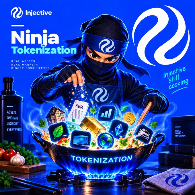 A promotional poster for Injective featuring a ninja character cooking over a wok labeled "TOKENIZATION," with text reading "Ninja Tokenization," "Real Assets Real Markets Bigger Possibilities," "Assets Onchain Liquidity Everywhere," and "Injective Still Cooking."