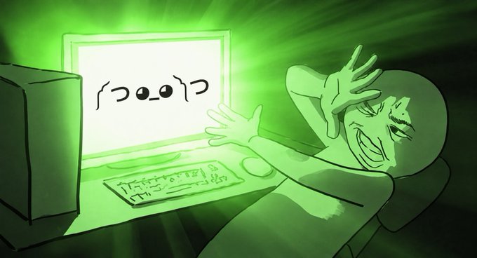 Digital illustration of a cartoon figure glowing green while looking at a computer screen displaying a stylized emoticon face.