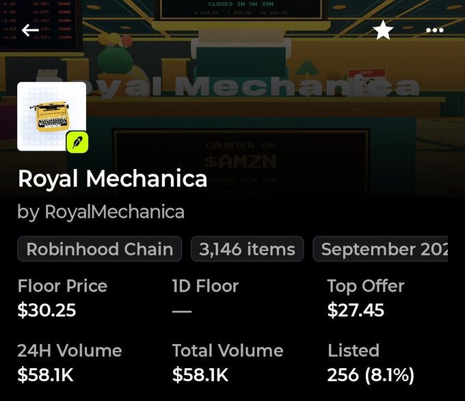 An NFT collection details page for 'Royal Mechanica' on the Robinhood Chain, showing 3,146 items, a floor price of $30.25, top offer of $27.45, and 24H volume of $58.1K.